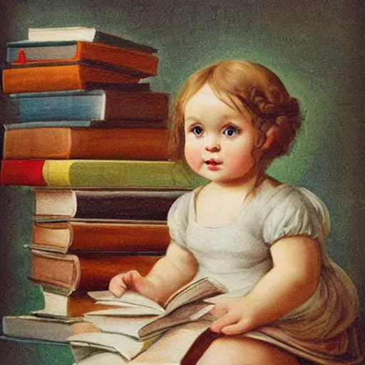 Image similar to a cute little girl with a round cherubic face, blue eyes, and short wavy light brown hair sitting on top of a stack of books. beautiful cartoon painting with flat colors and highly detailed face, outlining, children's storybook