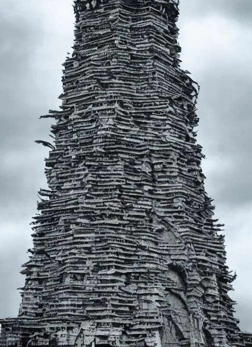 Prompt: grey tower of skulls, majestic and powerful