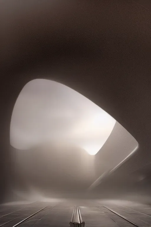 Prompt: concept art render of a single massive beautiful neo - futuristic matte symmetrical elongated oval monolith emerging from fog at dusk by ilm and denis villeneuve, emmanuel shiu, zaha hadid, trailing white vapor, architectural scale, dark background, simplified forms, hyperrealism, matte painting, volumetric, trending on artstation, cgsociety, rendered in octane