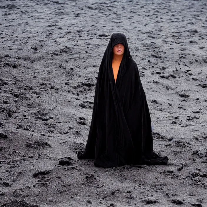 Prompt: closeup portrait of a woman wrapped in a plastic cloak, standing in a volcanic black sand beach, color photograph, by vincent desiderio, canon eos c 3 0 0, ƒ 1. 8, 3 5 mm, 8 k, medium - format print