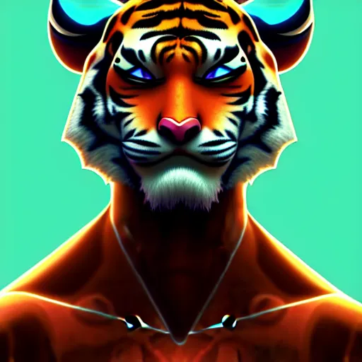 Image similar to exophilia, handsome, tiger alien race, arcana, godlike, harmony artstation