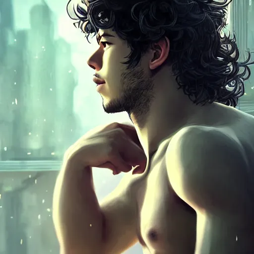 Image similar to Portrait of man with Nick Jonas's Tousled Curls type hair and Indonesian-type skin, atmospheric lighting, intricate detail, cgsociety, ambient light, dynamic lighting, anime style by Yusuke Kozaki