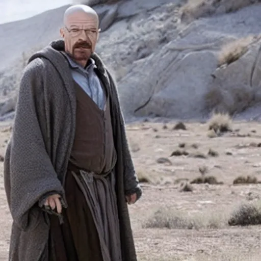 Prompt: still of walter white as gandalf the white