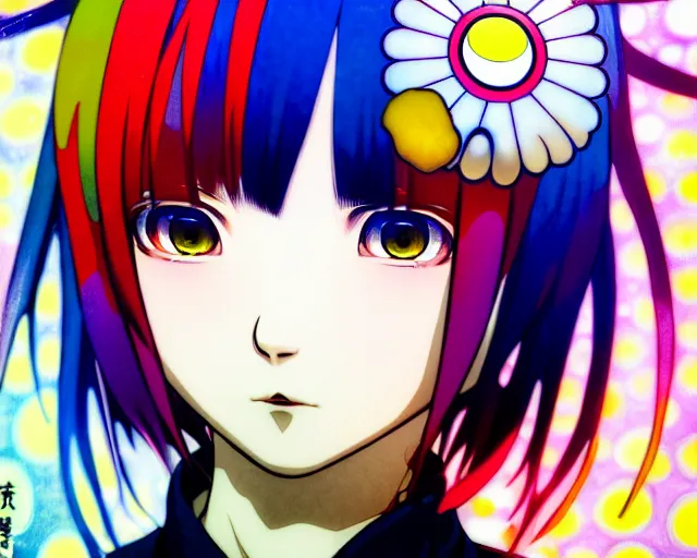 Image similar to takashi murakami, ilya kuvshinov illustration colorful anime portrait of reol, murata range, blue submarine no 6, manga, fine detail, perfect anime face, dramatic lighting, dynamic composition, moody, vivid, alphonse mucha, fine stippled lighting, grain, art deco, cel shading, yoshinari yoh, last exile