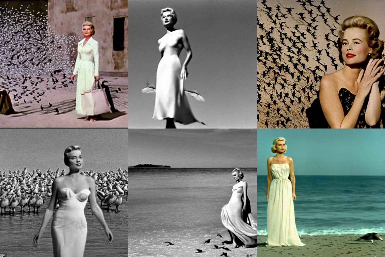 Prompt: a scene from the birds of hitchcock where a swarm of birds attack a character played by grace kelly standing on the beach, looking like venus in the birth of venus