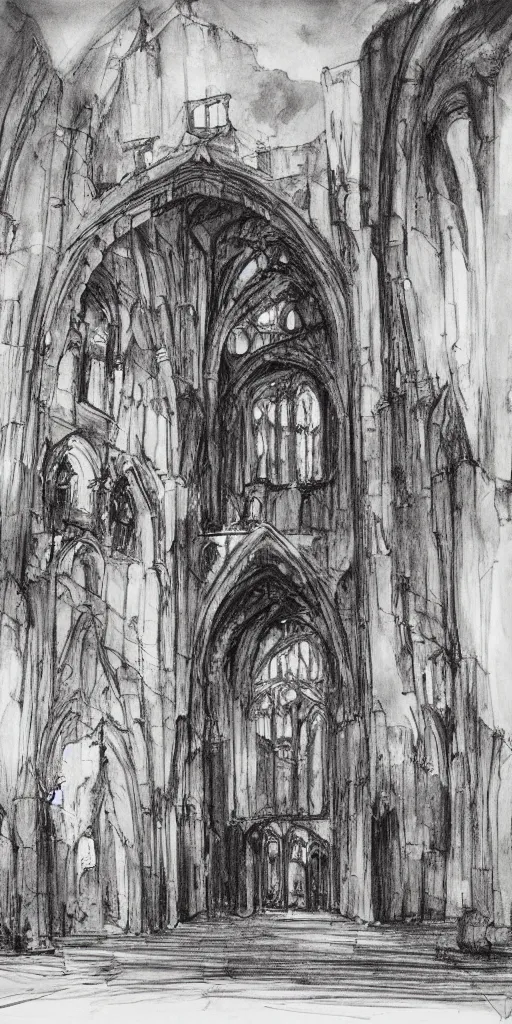 Prompt: a brilliant expressive ink sketch of a gothic ruin by josep tapiro baro in the style of romanticism art, dynamic lighting