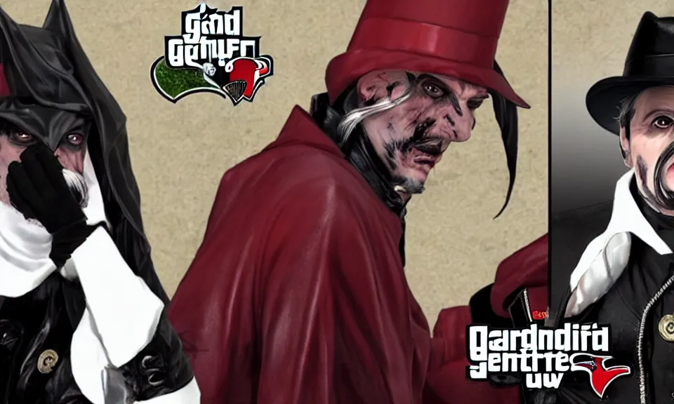 Prompt: cardinal copia from the band ghost as character in GTA V, loading screen