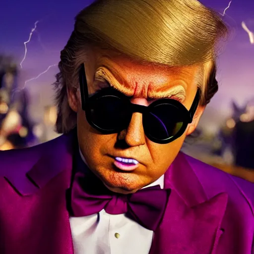 Image similar to donald trump as willy wonka in avengers movie, fantasy, splash art, avengers movie, movie still, detailed face, photorealistic facial features, cinematic lighting, dramatic, octane render, long lens, shallow depth of field, blockbuster, bokeh, hd, anamorphic lens flare, 8 k, hyper detailed, 3 5 mm film grain