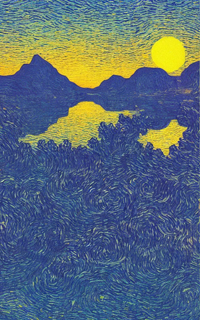 Image similar to sunset on a lake by a mountain. cubes and tesseracts. retro art by jean giraud and van gogh.