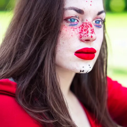 Prompt: close up portrait photo of the left side of the face of a brunette woman with stars inside her eyes, red lipstick and freckles. she looks directly at the camera. Slightly open mouth, face covers half of the frame, with a park visible in the background. 135mm nikon. Intricate. Very detailed 8k. Sharp. Cinematic post-processing. Award winning photography