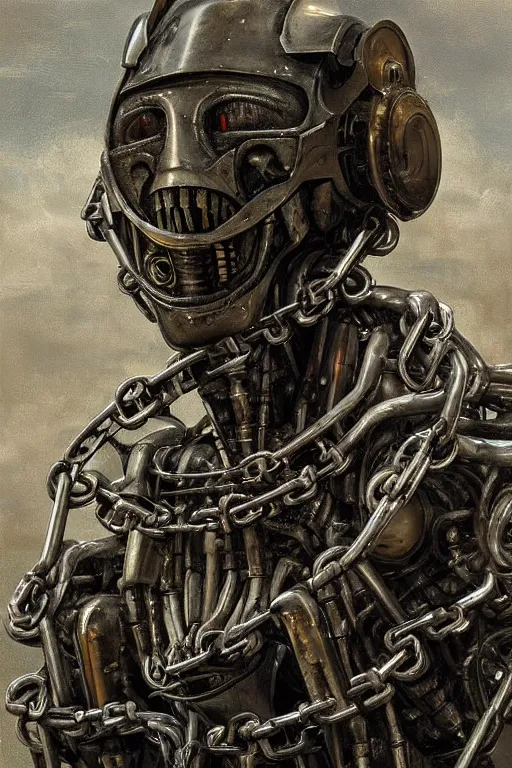 Image similar to Mech robot in chains portrait, by H.R. Giger, WLOP,