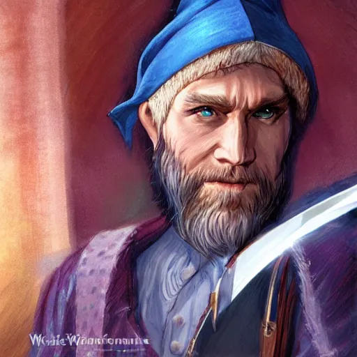 Image similar to Young bearded John Malkovich as Tarski Fiume, half-elf Time Wizard, iconic character art by Wayne Reynolds for Paizo Pathfinder RPG