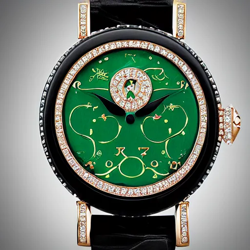 Prompt: van cleef and arpels wristwatch studded with emeralds and rubies on a matte black background wide angle detailed watch hands chinese numerals