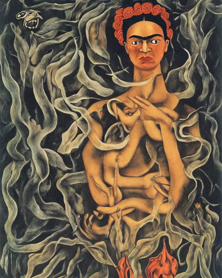 Image similar to virulent female spirit, apparition, by frida kahlo, masterful artwork