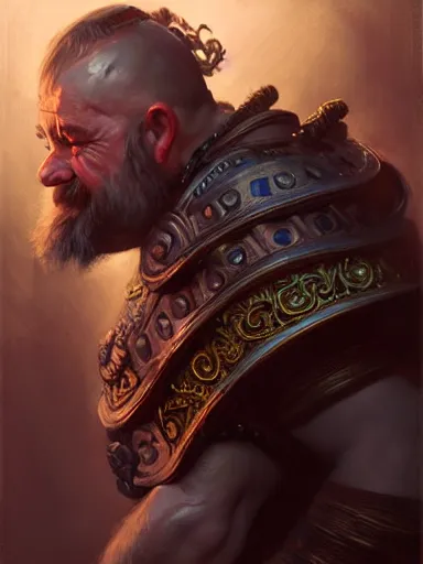 Image similar to a dwarf cleric dnd character, ornamented armor, oil painting, Tooth Wu, Greg Rutkowski, Edgar Maxence and Ross Tran, RPG portrait, dynamic lighting, fantasy art, High contrast, depth of field