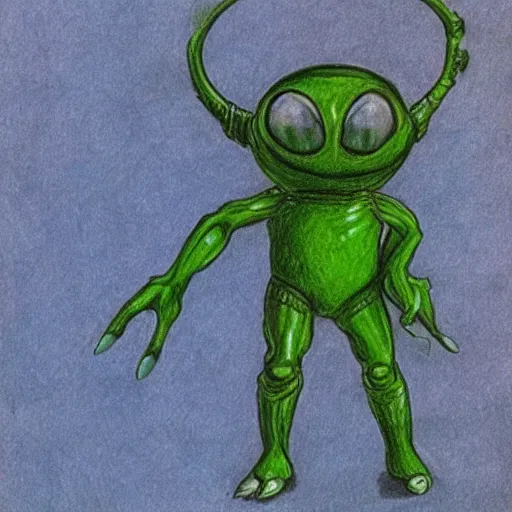 Prompt: crayola drawing of an alien showing it's fingers, green skin, big dark eyes, space suit, desert backround, detailed drawing,