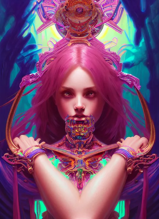 Image similar to hyper detailed ultra sharp of a beautiful necromancer girl. trending on artstation, vaporwave aesthetic, synthwave, colorful, psychedelic, ornate, intricate, digital painting, concept art, smooth, sharp focus, illustration, art by artgerm and greg rutkowski and alphonse mucha, 8 k