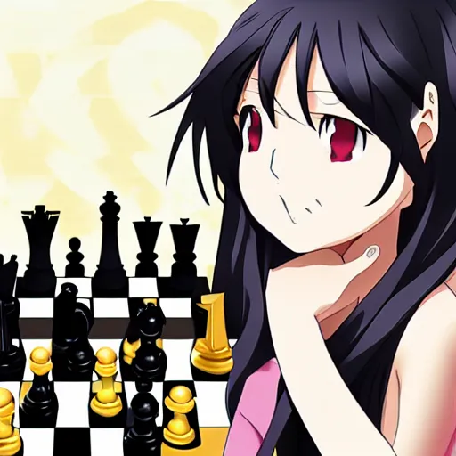 Image similar to anime portrait of long black hair anime girl pondering next to a chess set, cute, official art