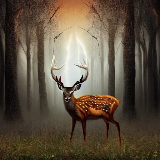 Prompt: scary deer in nightmare forest, digital art 4 k