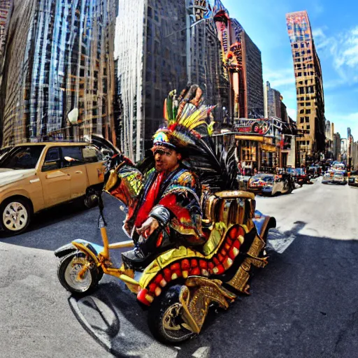 Prompt: wide angle 3 6 0 panoramic photo of an indigenous cholo shaman dressed with a quetzalcoatl feathered serpent riding a golden lowrider bike in manhattan