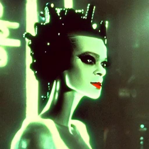 Image similar to cinematic portrait of bride of frankenstein as a replicant, still from the movie bladerunner, fashion photography, a neon sign is in the background