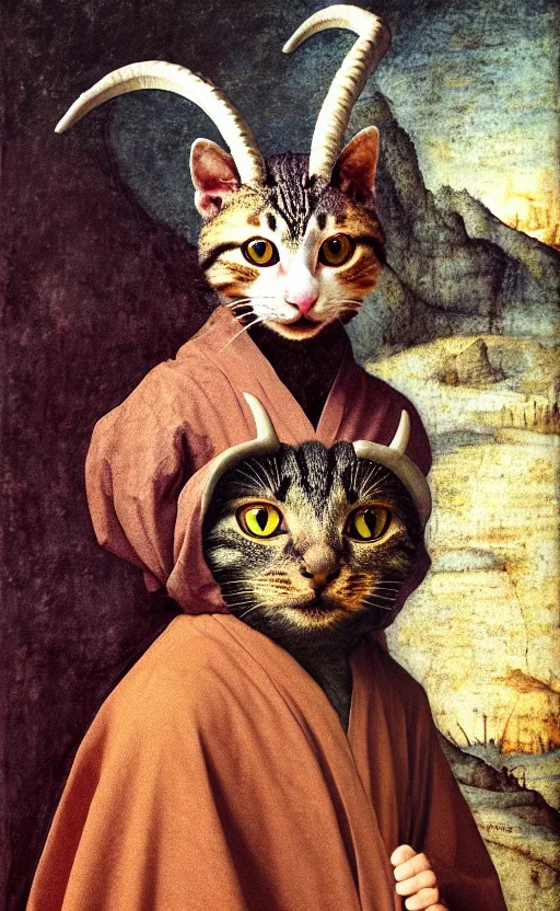 Image similar to a bipedal cat that has goat horns, anthropomorphic cat that is wearing robes, oil painting, by leonardo da vinci, dnd, character reveal, cosmic, magical, fog, noble, full body portrait, extremely detailed, cult, ritual, 4 k, 8 k