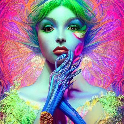 Image similar to a photograpic portrait of a anthropomorphic mimosa wearing colorful neon clothes, fantasy, intricate, elegant, highly detailed, digital painting, artstation, concept art, smooth, sharp focus, illustration, art by artgerm and H R Giger and alphonse mucha