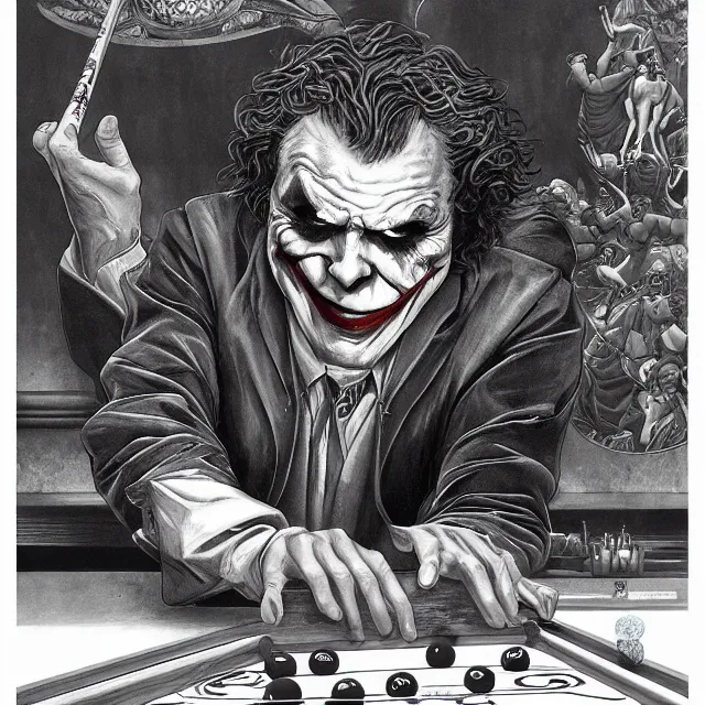 Image similar to the joker playing pool, by ernst haeckel, artgerm, james jean