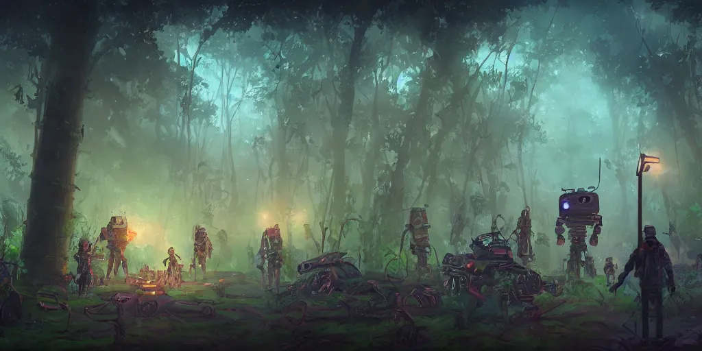 Image similar to guerrillas reed - people surrounded robot in futuristic spiritual mystical post apocalyptic forest drawn by ron gilbert, dim painterly volumetric aquatic lighting, scenic, beautiful, crisp, artstation, highly detailed