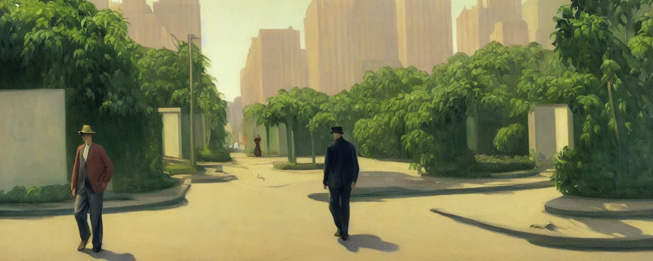 Image similar to oil painting of a man wandering the abandoned streets of city and the buildings are covered in plants and vines, edward hopper.