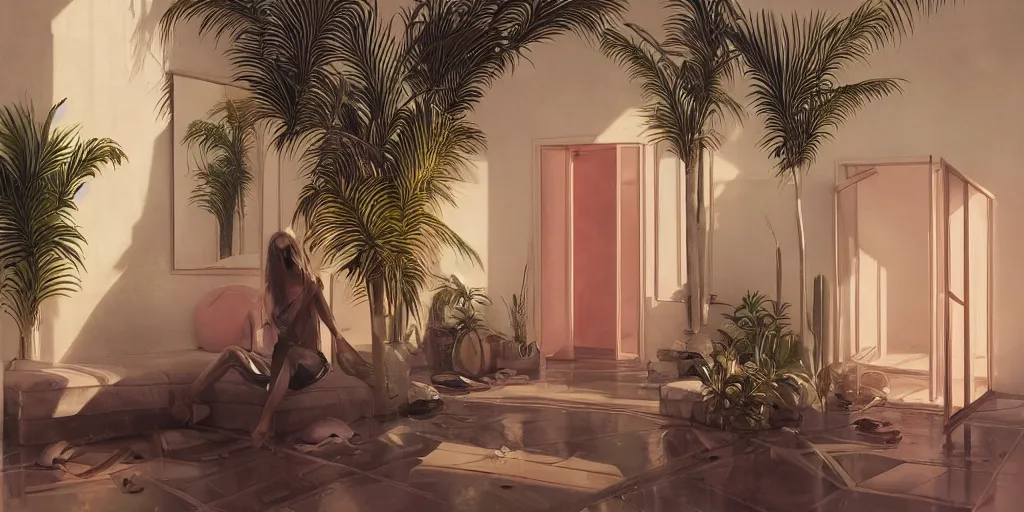 Image similar to indoor liminal space, golden light, greg rutkowski, palm trees, pink door, minimalistic, hyperrealistic surrealism, award winning masterpiece with incredible details, epic stunning, infinity pool mirrors, a surreal vaporwave liminal space with mirrors, highly detailed, trending on artstation, artgerm and greg rutkowski and alphonse mucha, daily deviation