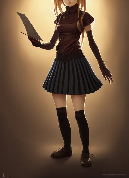 Image similar to portrait of a full body of beautiful young female detective, d & d, sleeveless turtleneck, pleated skirt, fantasy, flat lighting, intricate, highly detailed, digital painting, artstation, concept art, smooth, sharp focus, illustration, misa amane, art by simon bisley and greg rutkowski and alphonse mucha, natural tpose