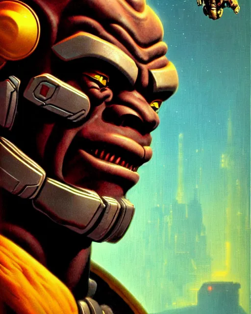 Prompt: doomfist from overwatch, sinister smile, elegant, character portrait, portrait, close up, concept art, intricate details, highly detailed, vintage sci - fi poster, retro future, in the style of chris foss, rodger dean, moebius, michael whelan, and gustave dore