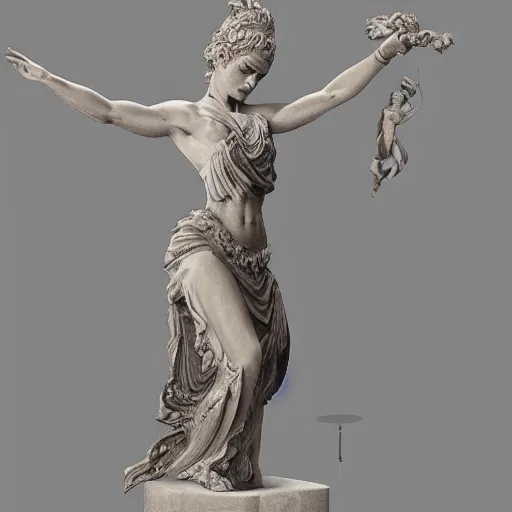 Image similar to a statue of a greek goddess dancing next to a temple in a standing pose with arms by her body, digital concept art, trending on artstation