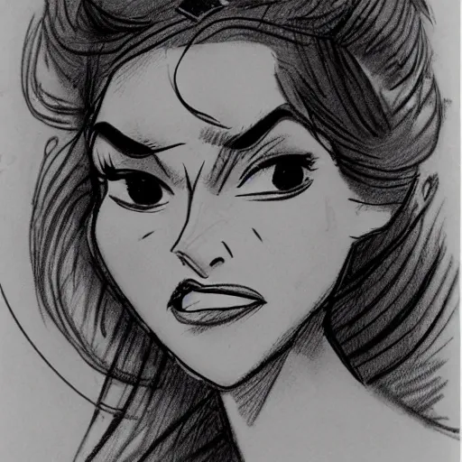 Image similar to milt kahl sketch of vanessa hudgeons with done up hair, tendrils covering face and ponytail as princess padme from star wars episode 3