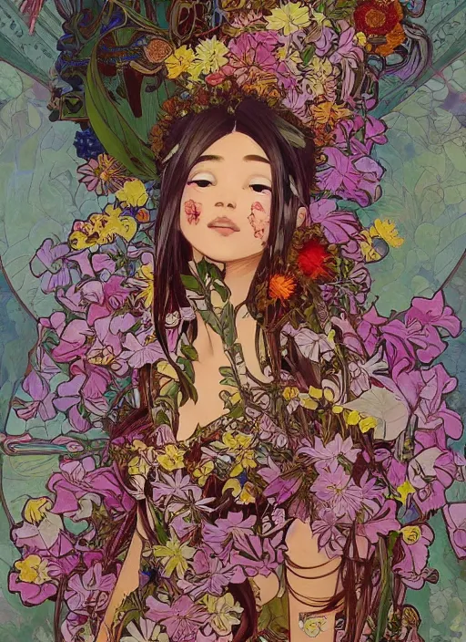 Image similar to !!! very coherent!!! oil painting, beautiful floralpunk iban bio mechanical portrait girl female illustration detailed patterns art of sarawak traditional dress, flower pop art, floral splash painting, art by ashley wood, alphonse mucha, makoto shinkai, geof darrow, dark shadow