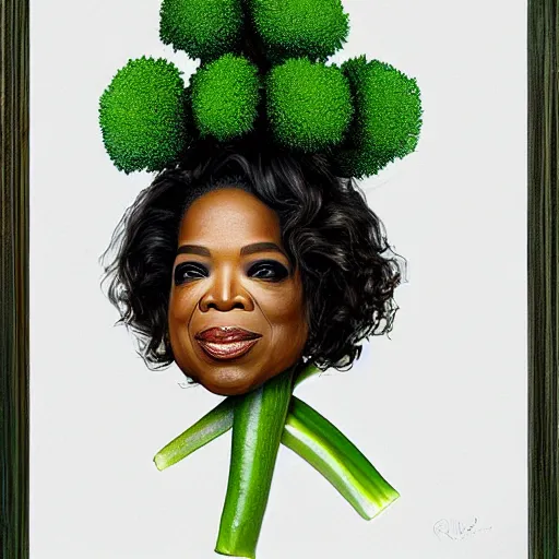 Image similar to a dish of oprah winfreys face fused with okra veg with green stalky ( ( green oprah winfrey's face ) ), okra shaped stalk nose, oprah okra winfrey sentient veg, by greg rutkowski