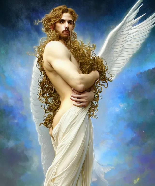 Image similar to fullbody symmetrical portrait of a beautiful young fit male angel with curly blond hairs, full dressed in long fluent clothes, majestic big dove wings, luminous halo, by greg rutkowski and alphonse mucha, gradient white to gold, in front of an iridescent background, highly detailed portrait, digital painting, artstation, concept art, smooth, sharp focus illustration