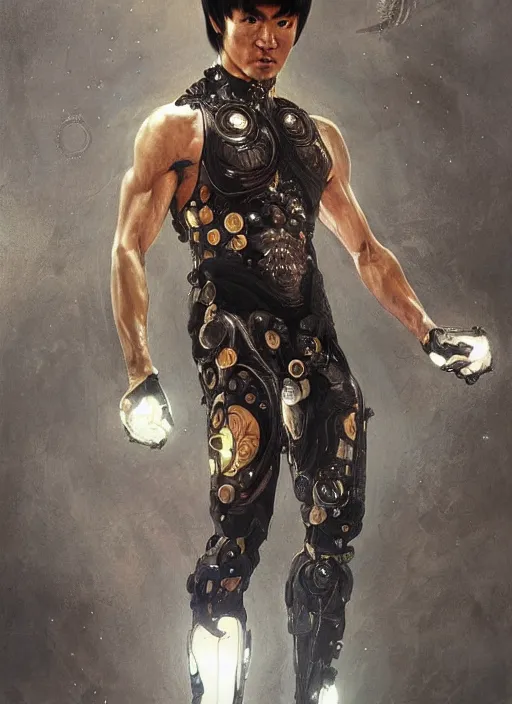 Image similar to bruce lee as a organic cyborg, diffuse lighting, fantasy, intricate, elegant, highly detailed, lifelike, photorealistic, digital painting, artstation, illustration, concept art, smooth, sharp focus, art by john collier and albert aublet and krenz cushart and artem demura and alphonse mucha