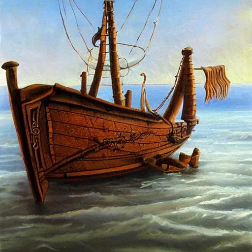 Image similar to viking longship in the sea, norse, history, wood, oil painting
