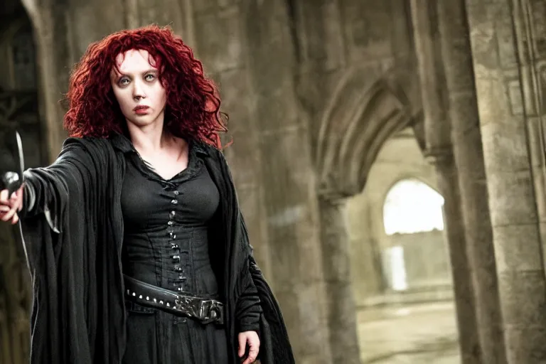 Image similar to film still Scarlet Johansson as Bellatrix Lestrange in Harry Potter movie