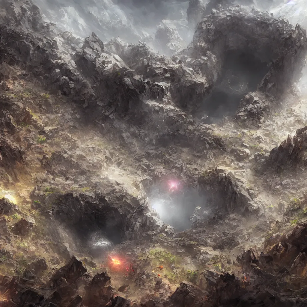 Prompt: black hole sucking in mountain, arcain style, ultra detailed, concept art, crowd, people watching