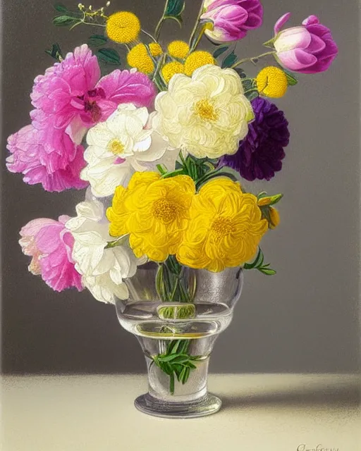 Prompt: still life, beautiful flowers in a glass vase, intricately detailed print, canon ef 8 5 mm f / 1. 4 l, subdued pastel colours, white, yellow, pink and purple, light background, a painting by george cochran lambdin