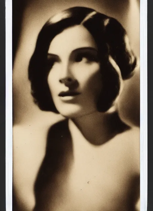 Prompt: a beautiful contemplative woman, flash polaroid photo by george hurrell,