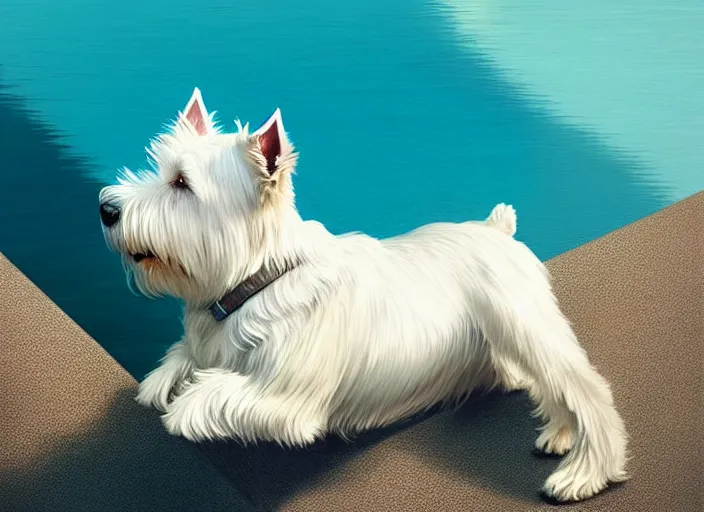 Prompt: closeup portrait of a west highland white terrier sitting by a pool, bright, reflections, intricate, sharp focus, lens flare, bloom, illustration, highly detailed, digital painting, concept art, matte, art by ruan jia and wlop and greg rutkowski, masterpiece