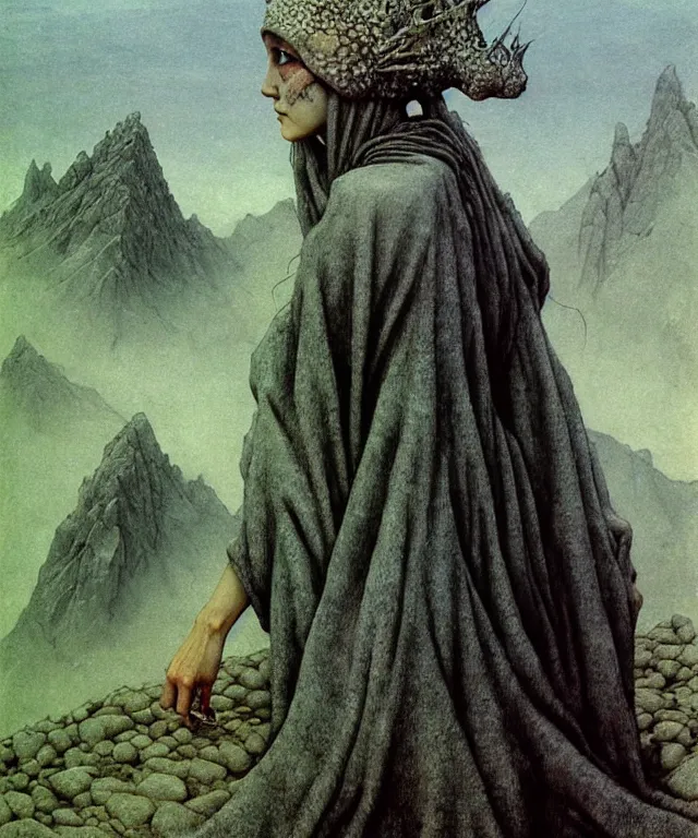 Image similar to A detailed gray-eyed fishheaded woman stands among the mountains with a pebble in hands. Wearing a ripped mantle, robe. Extremely high details, realistic, fantasy art, solo, masterpiece, art by Zdzisław Beksiński, Arthur Rackham, Dariusz Zawadzki