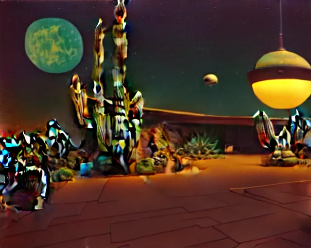 Prompt: low angle interior shot of a space port at night, pulp art, Art Deco, cactus and aquatic Al plants, cinematography by Jim Jarmusch, set design by Joseph Leyendecker and Robert McGinnis and Alfred Henry Maurer, 3d octane blender render, Hippie and boho fashion 1970s, kraut rock soundtrack