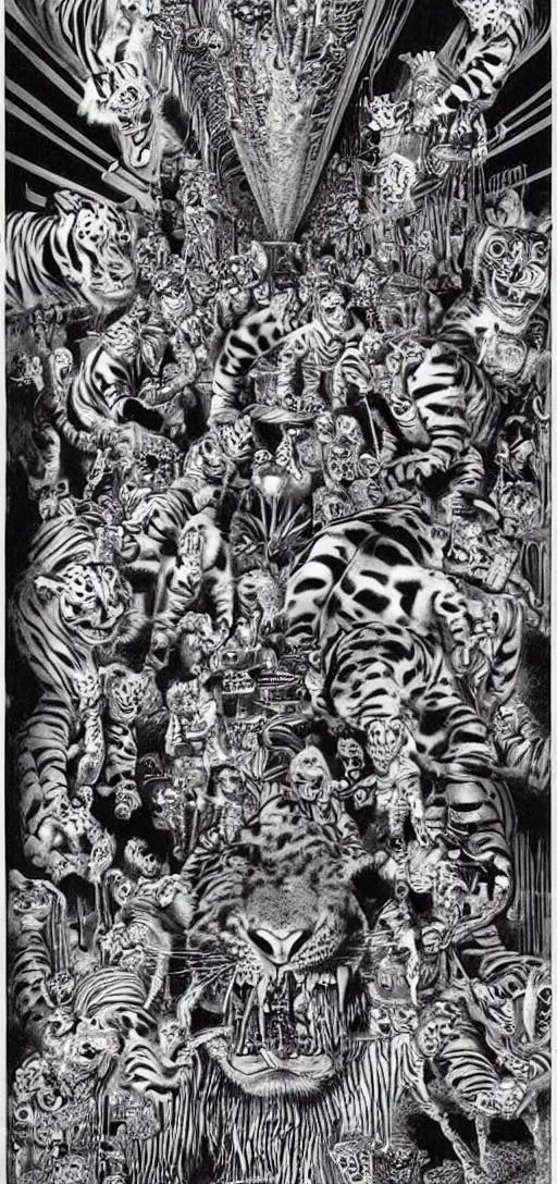 Prompt: tony the tiger dissolving into neon cereal pieces, cubensis, basil wolverton, r crumb, hr giger, mc escher, dali