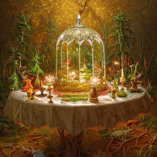 Prompt: painting of a miniature tabletop forest glowing under an ornate glass dome, by paulette tavormina and michael whelan and donato giancola, on a sumptuous velvet tablecloth, hyper realistic, extremely detailed, dramatic lighting, victorian, octane render, featured on artstation