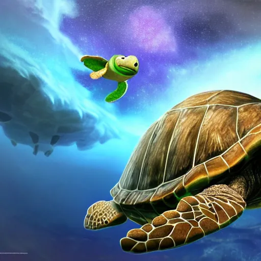 Image similar to giant turtle in space, giant turtle inside water, turtle glacier, 3 d render, high - quality image, turtle world, waterbodies, soft, concept art, intricate details, realistic, turtle machine, highly detailed, colorful, photorealistic, disney pixar, octane render, iridescent, anime, 8 k